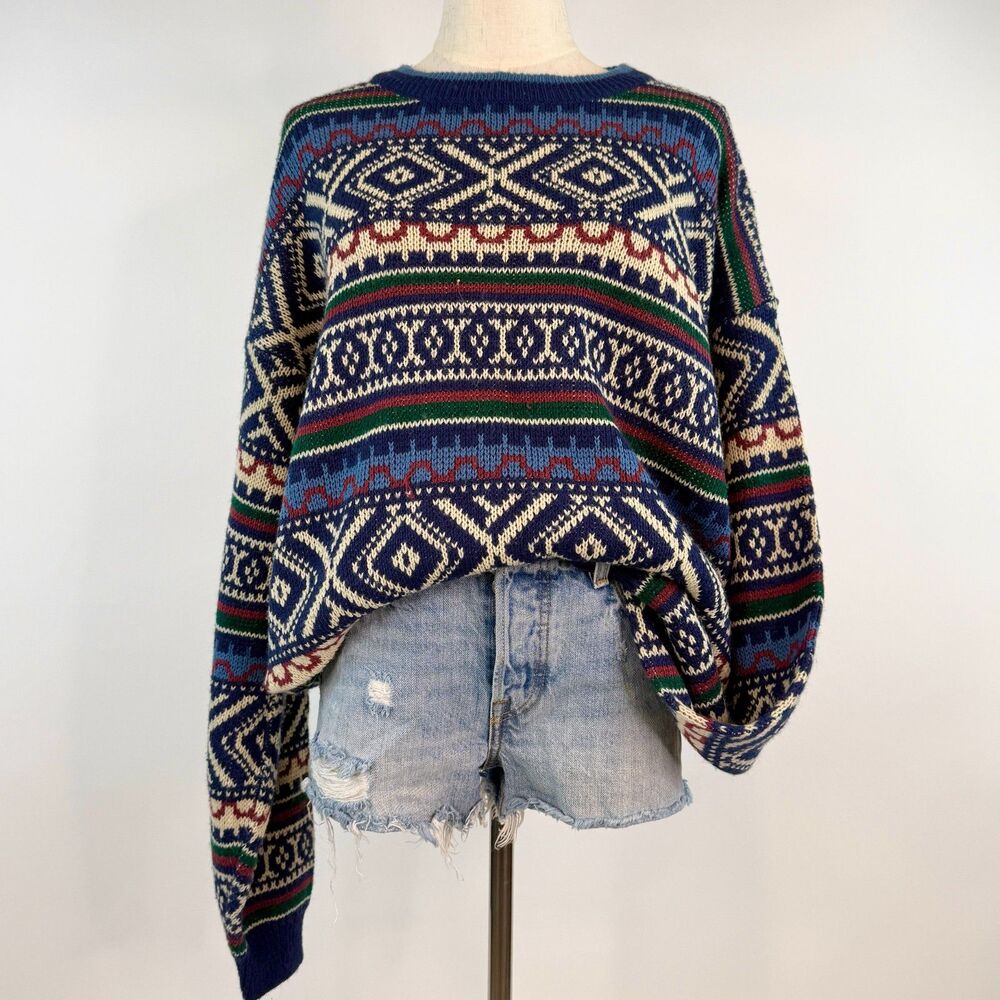 90s Vintage Blue Crewneck Pullover Sweater Fair Isle Geometric Pattern Size XLT